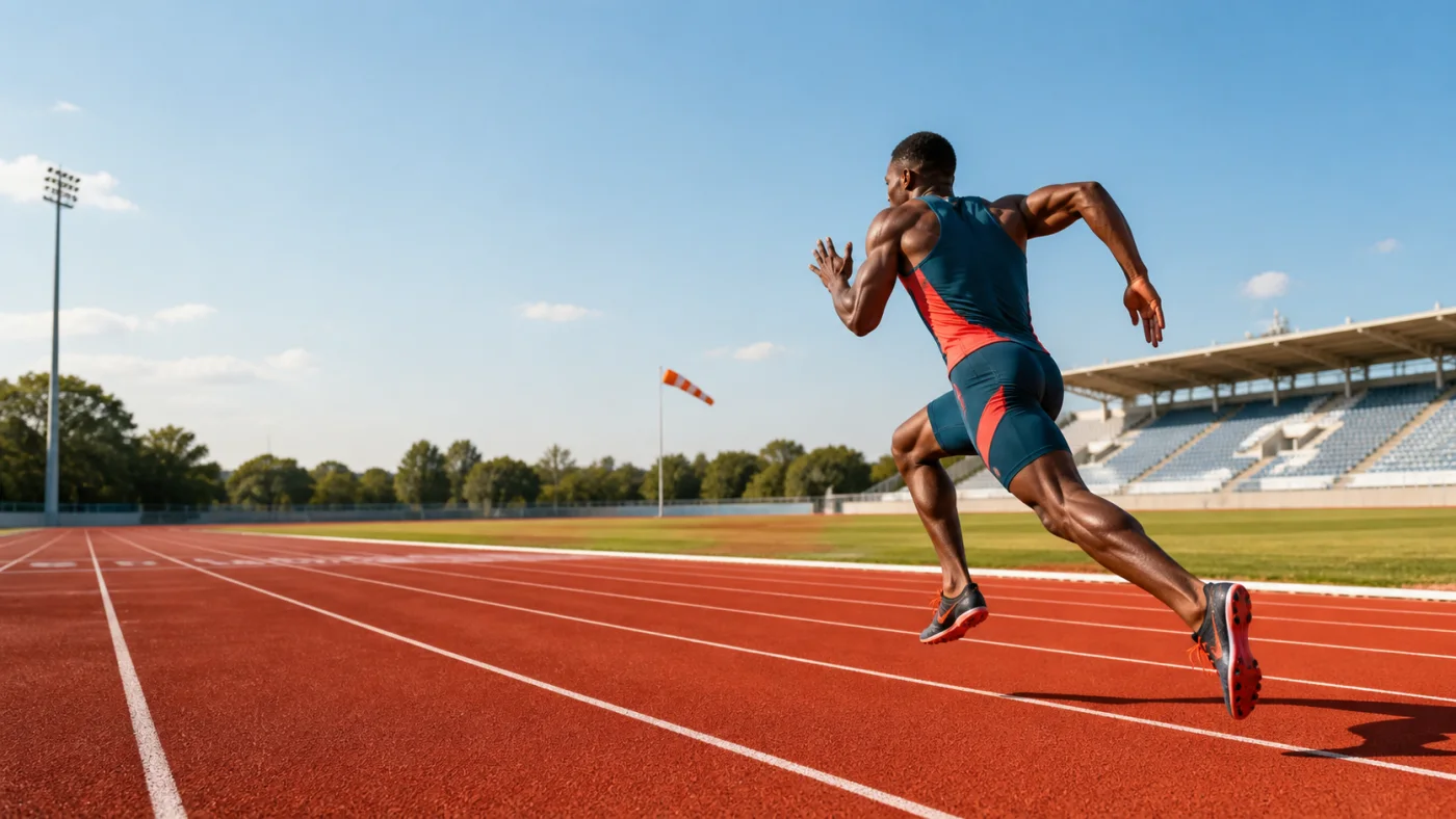A sprinter runs on a 100 m track near a windsock.