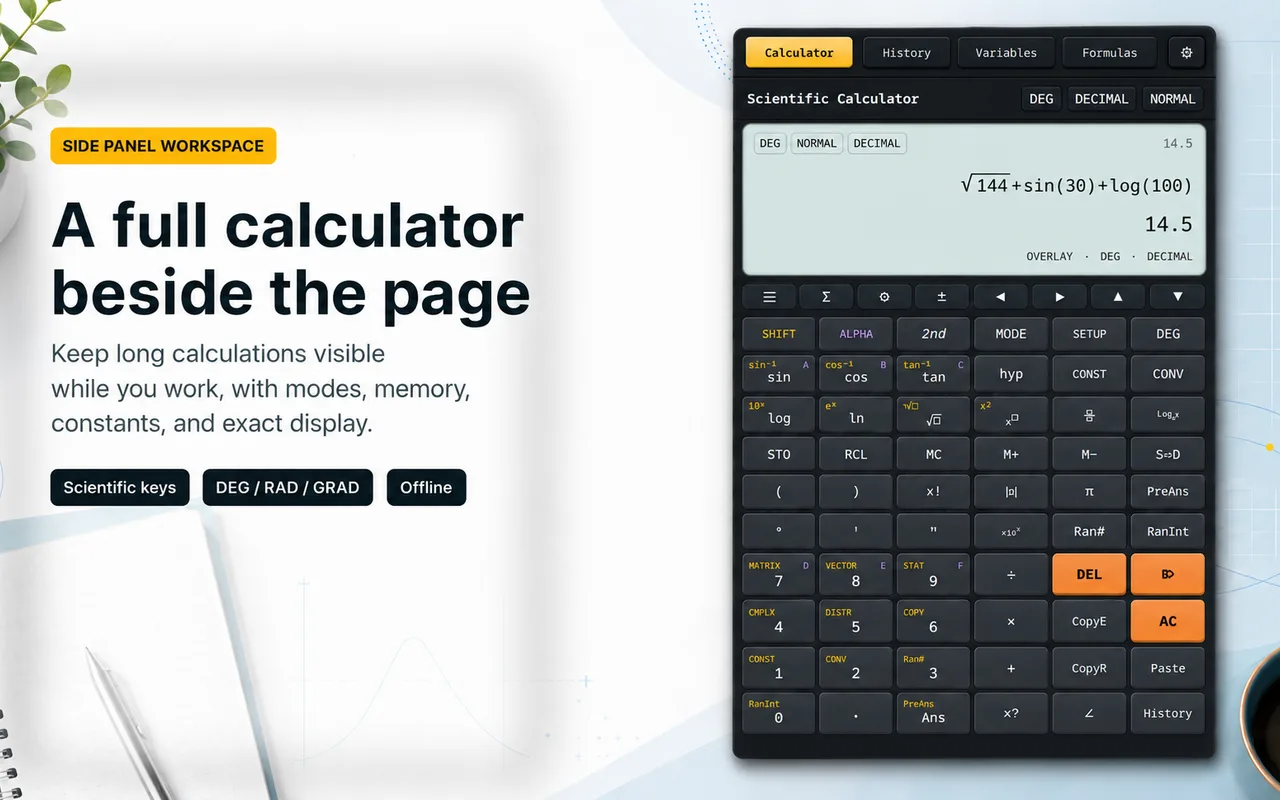 Side panel scientific calculator in Chrome with a full scientific keypad, DEG/RAD/GRAD modes, memory, and exact-form display